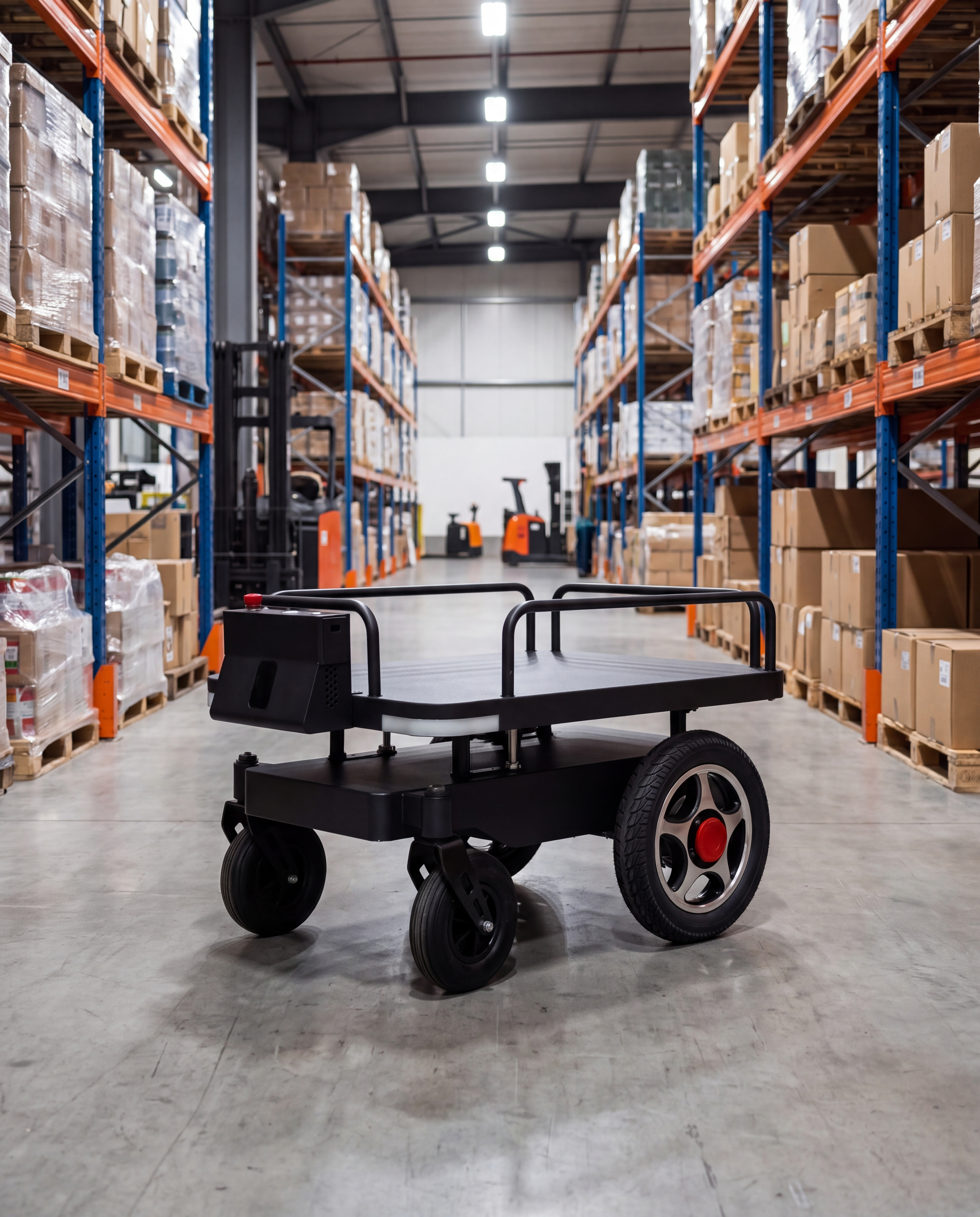 AMT100 follow-me transport robot in a warehouse aisle