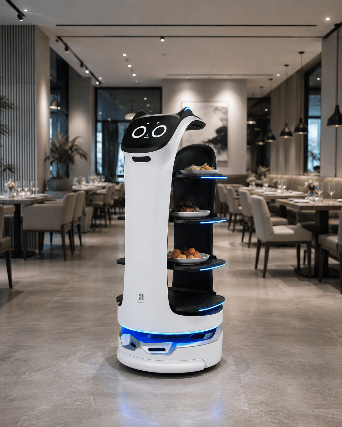 BellaBot with its cat-face display, carrying plated dishes on its tiered trays through an upscale restaurant dining room