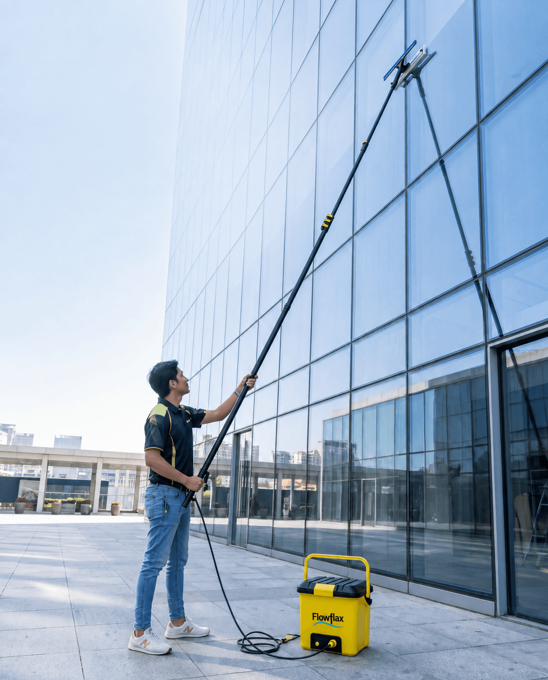 Flowflax telescopic pole cleaning a ground-floor façade, powered by the portable water tank