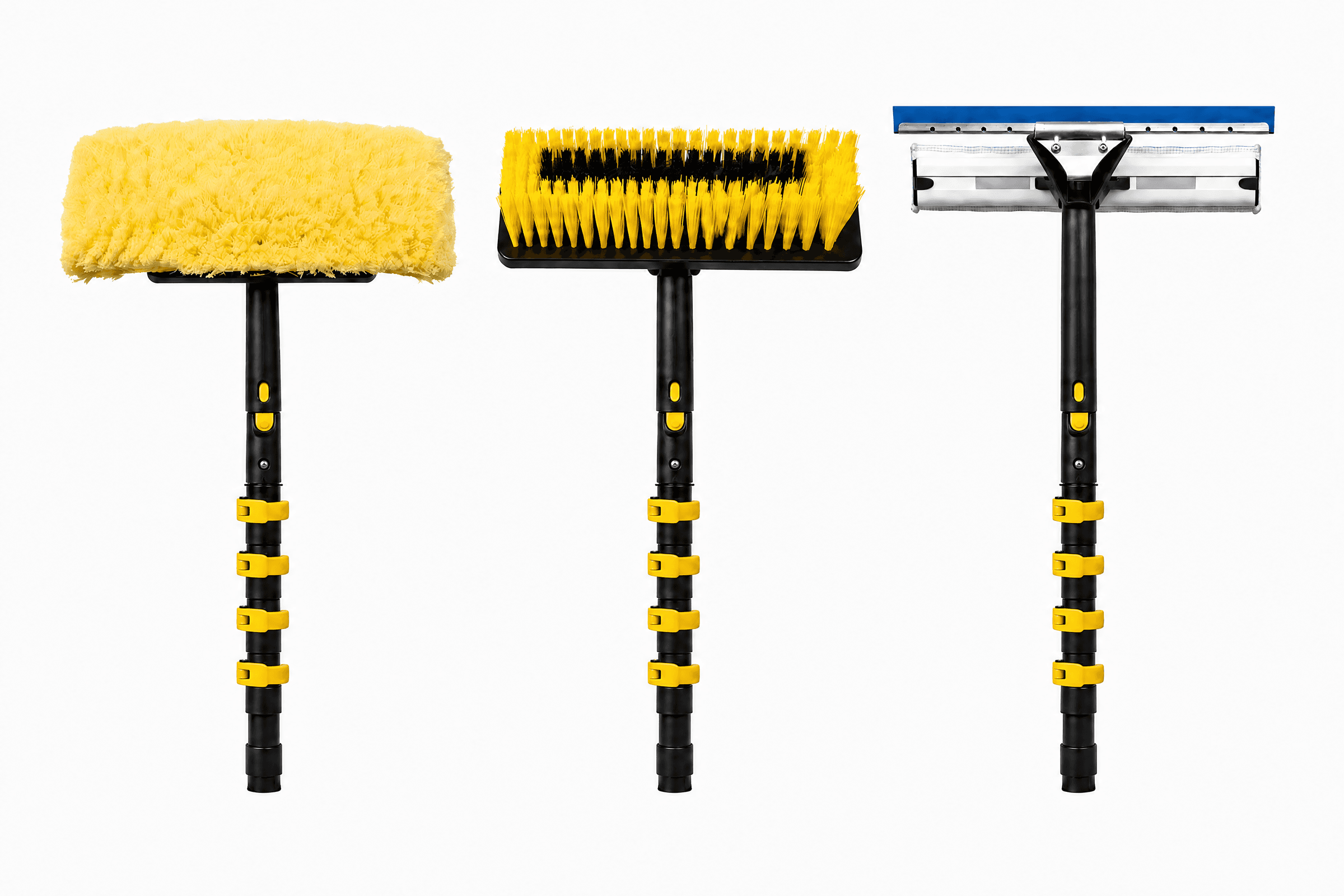 Three interchangeable Flowflax attachment heads: a wash pad, a scrubbing brush, and a squeegee