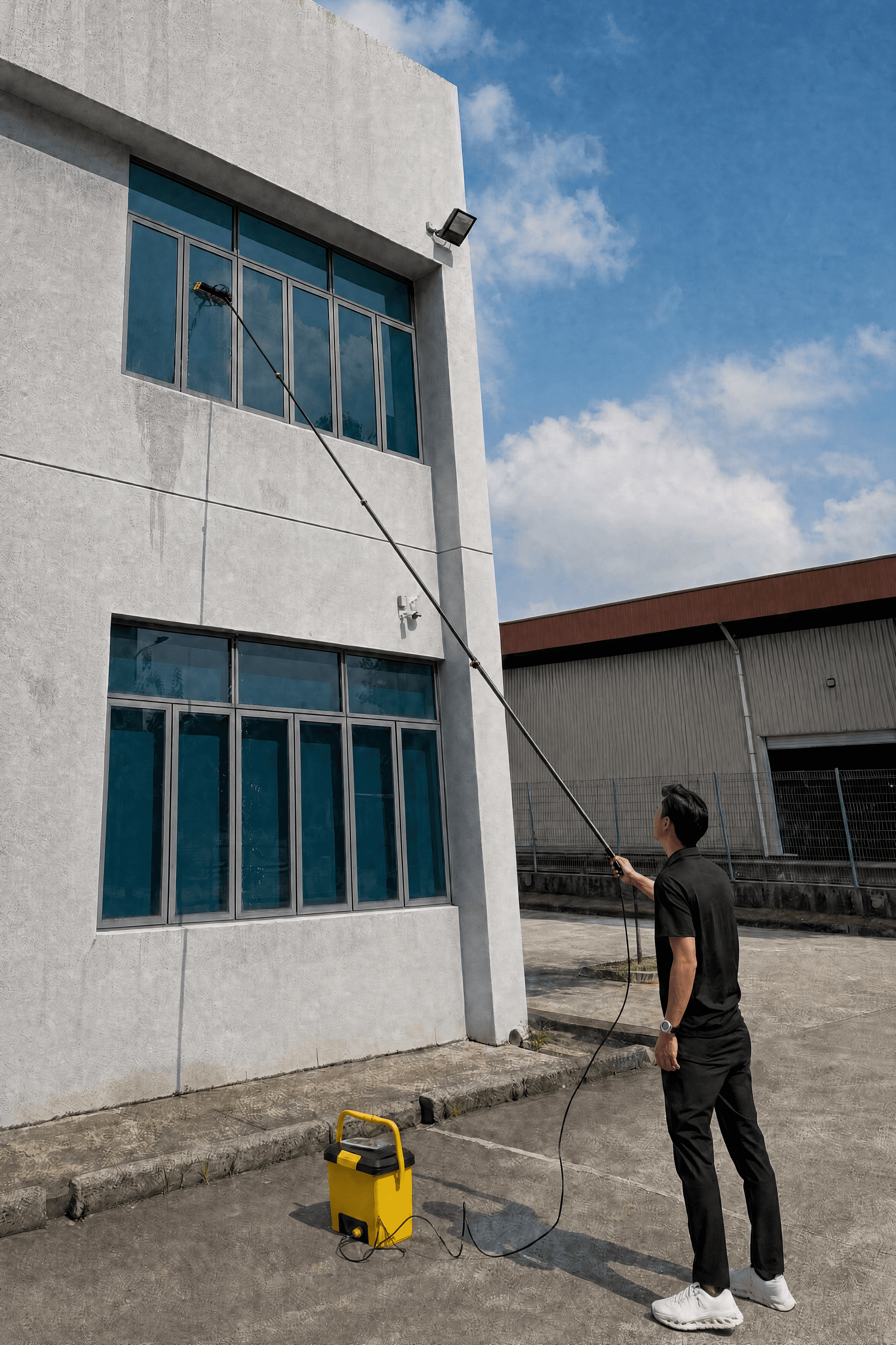 A worker cleaning a second-storey office window with the Flowflax pole while standing safely on the ground