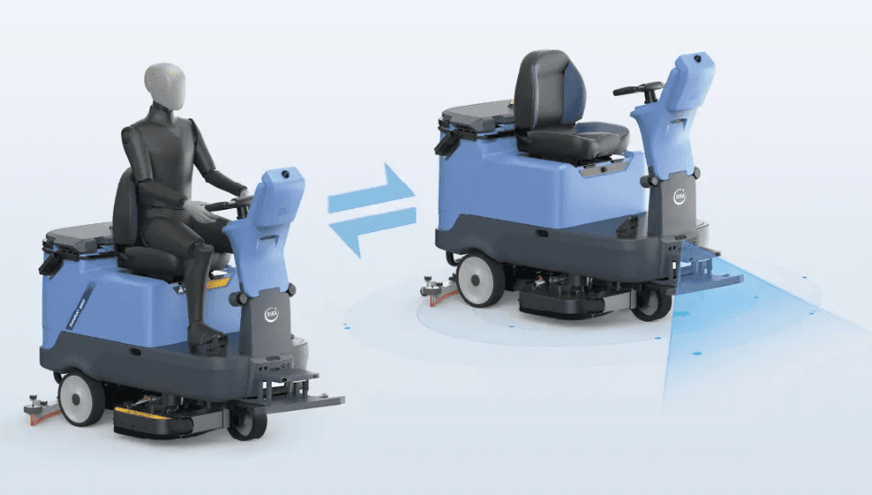 Diagram showing the M100E switching between ride-on mode with an operator and fully autonomous mode