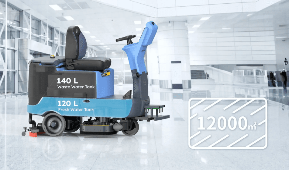 The M100E with 140L wastewater tank and 120L fresh water tank labelled, and a 12,000 square metre coverage callout