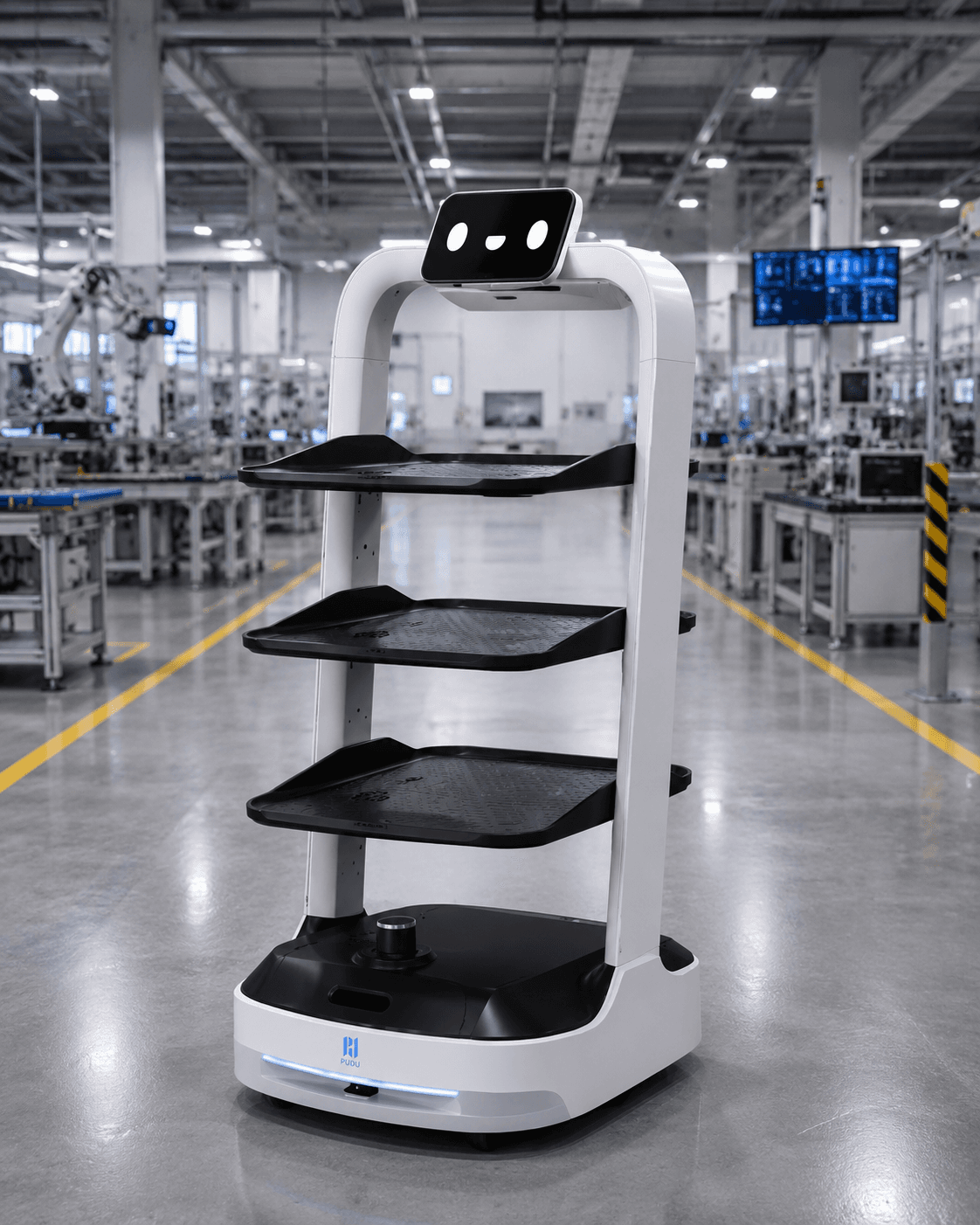 PuduBot 2 with three open trays standing in a factory aisle, workstations and a robotic arm visible in the background