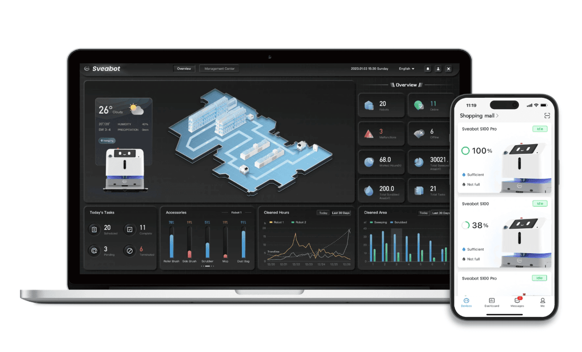 S100 Pro fleet management app showing live status on desktop and mobile
