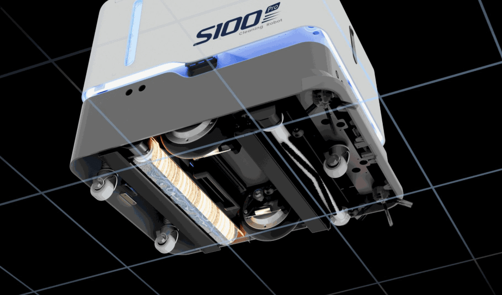 Diagram of the Pro M's mopping system with adjustable brush pressure and variable water flow