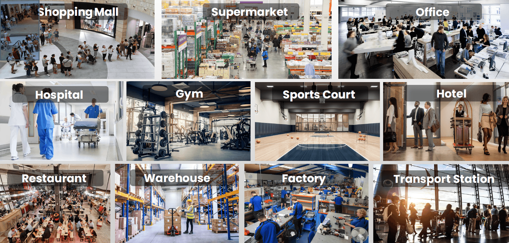 Grid of environments the S100 Pro works in: shopping mall, supermarket, office, hospital, gym, sports court, hotel, restaurant, warehouse, factory, transport station