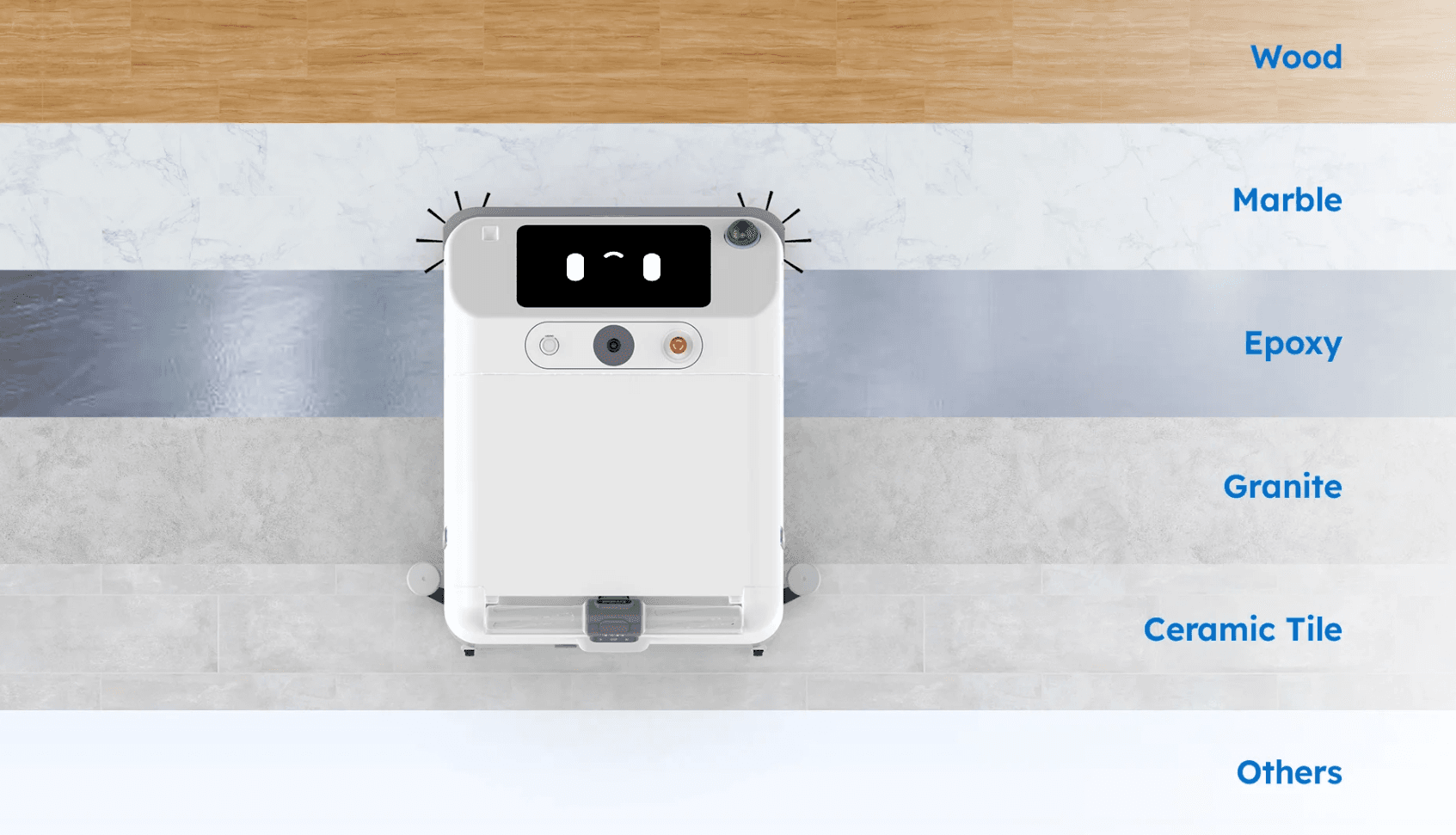 Diagram of floor surfaces the S100 Pro can clean