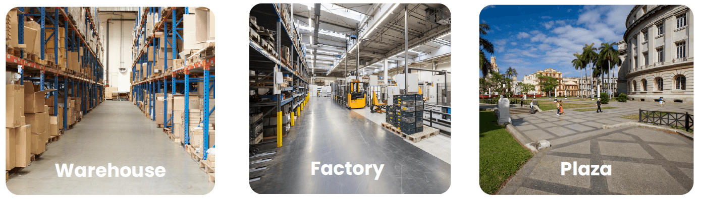 V100 working in a warehouse, factory, and outdoor plaza