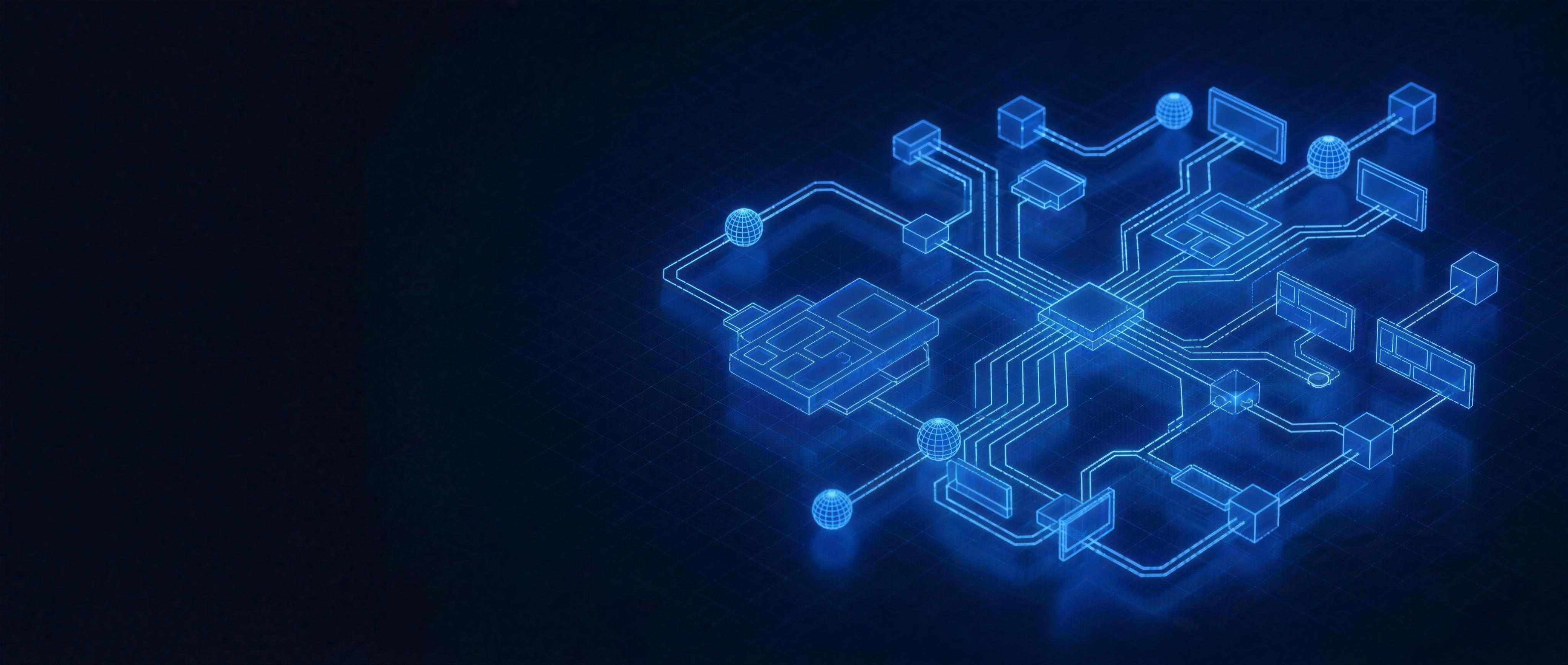 An abstract isometric blueprint schematic of a connected business workflow, glowing nodes and panels linked by circuit-like pathways