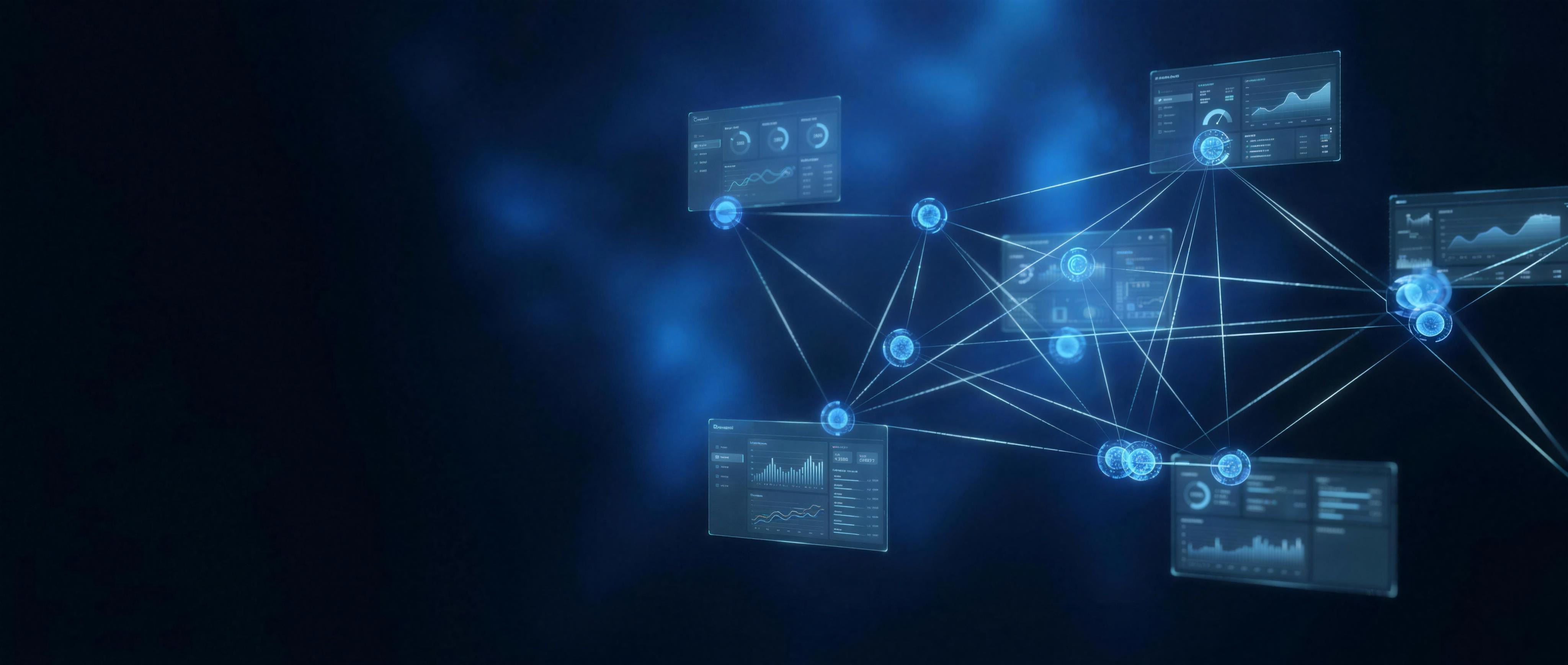 An abstract network of glowing connected data nodes with floating holographic dashboard panels showing charts and analytics, representing an integrated AI system