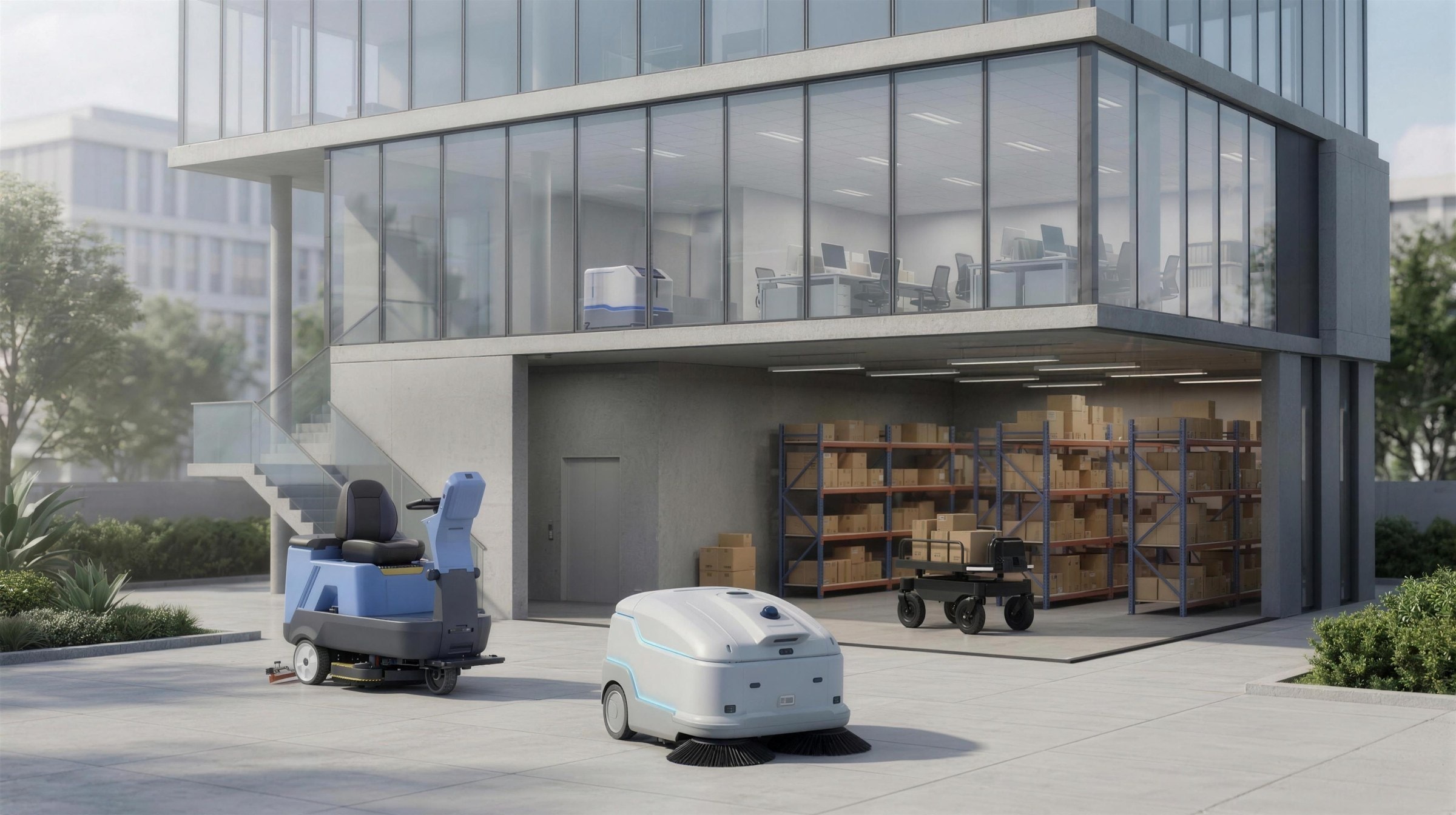 Commercial building with autonomous robots working inside and around it