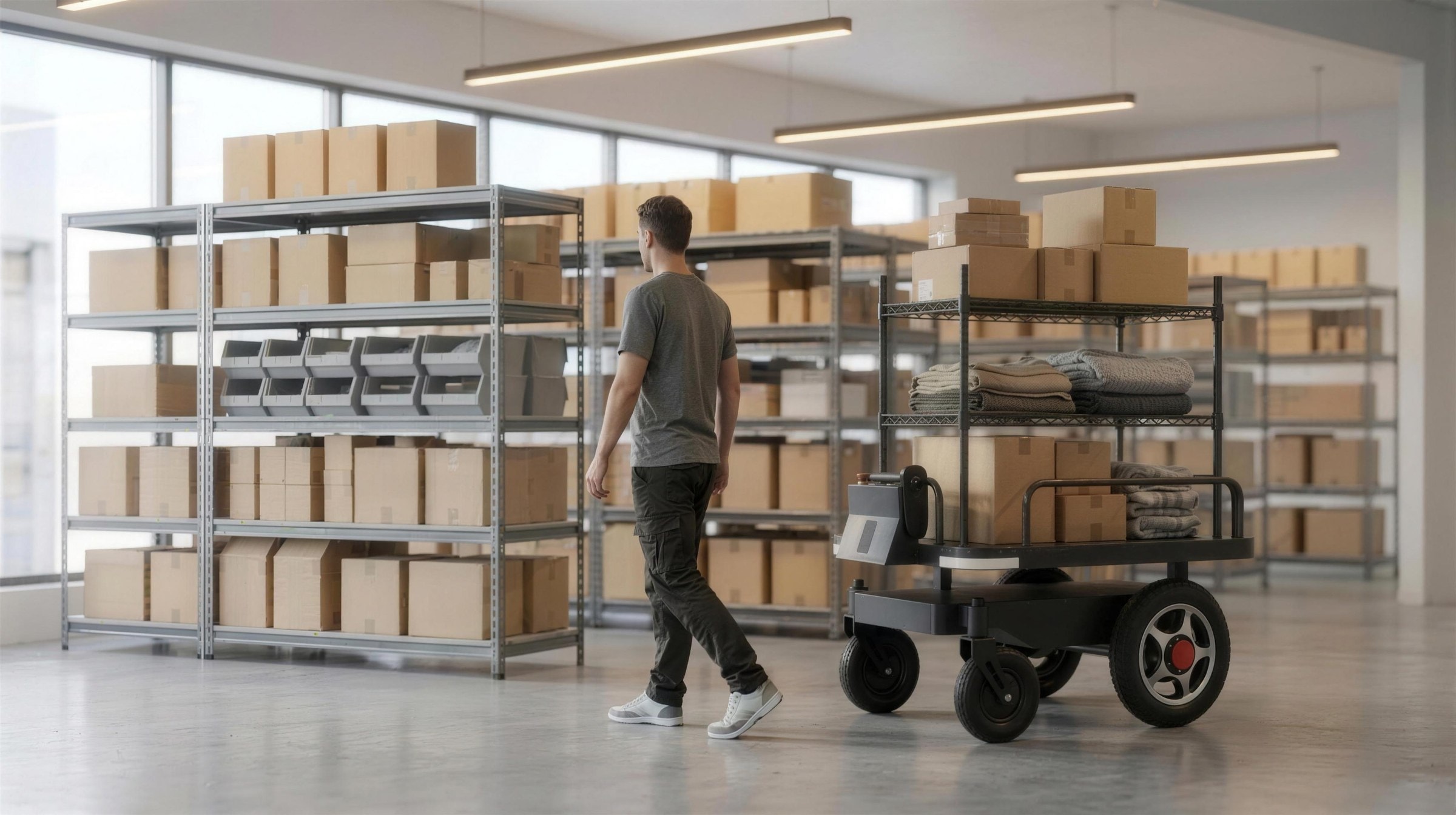 AMT100 follow-me transport robot following a warehouse worker