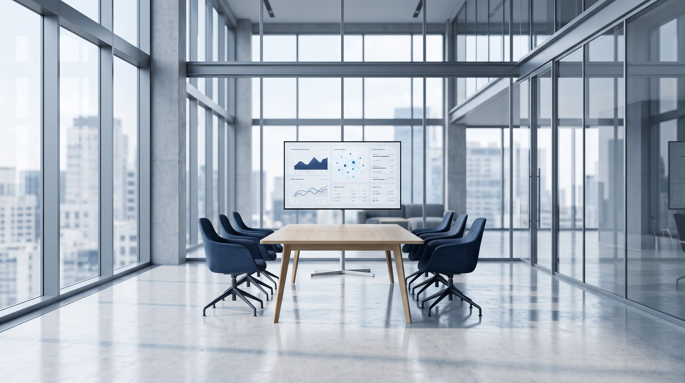 Modern glass meeting room with an AI analytics dashboard displayed on screen