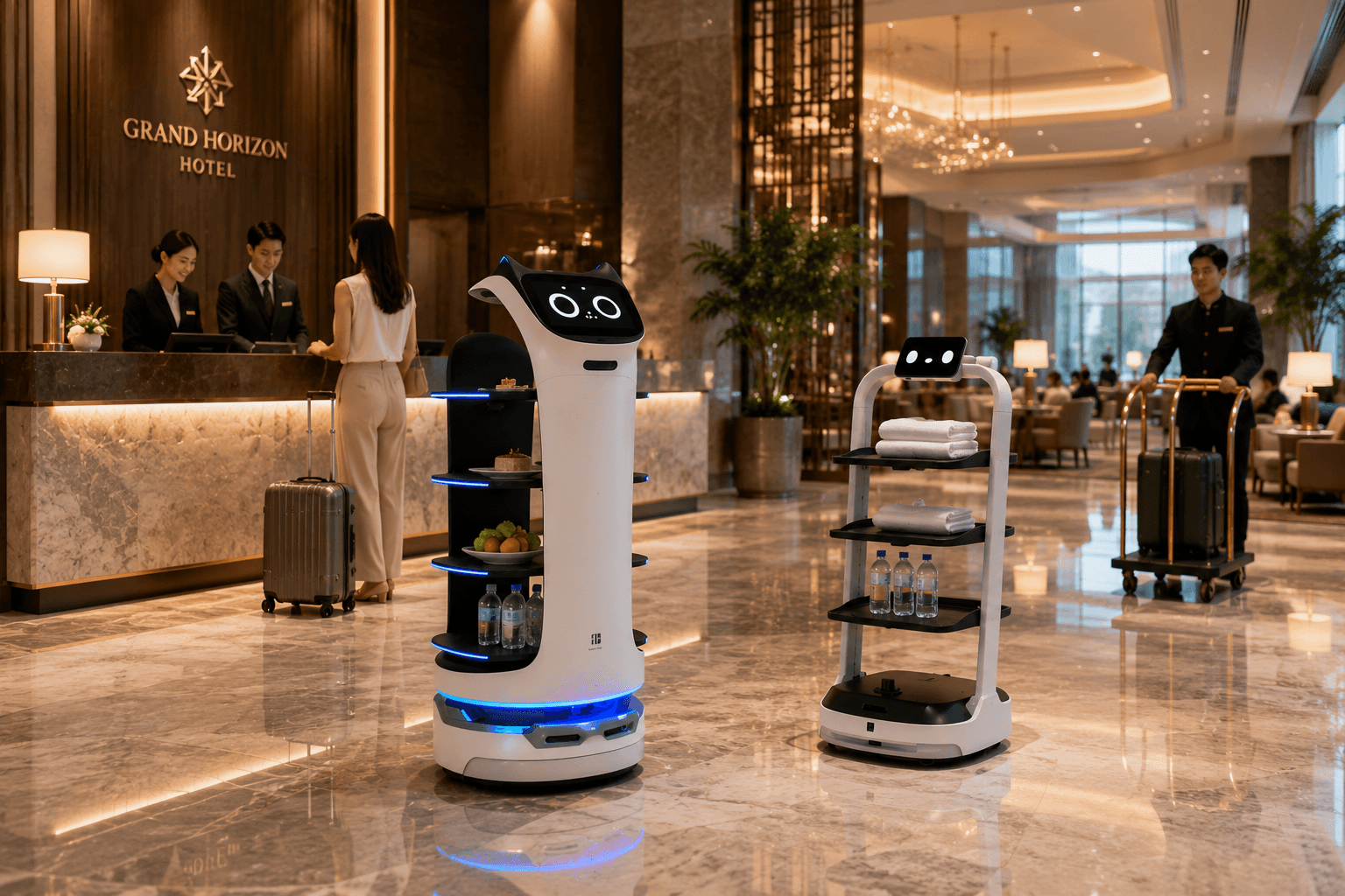 PuduBot 2 and BellaBot delivery robots serving guests in a hotel lobby
