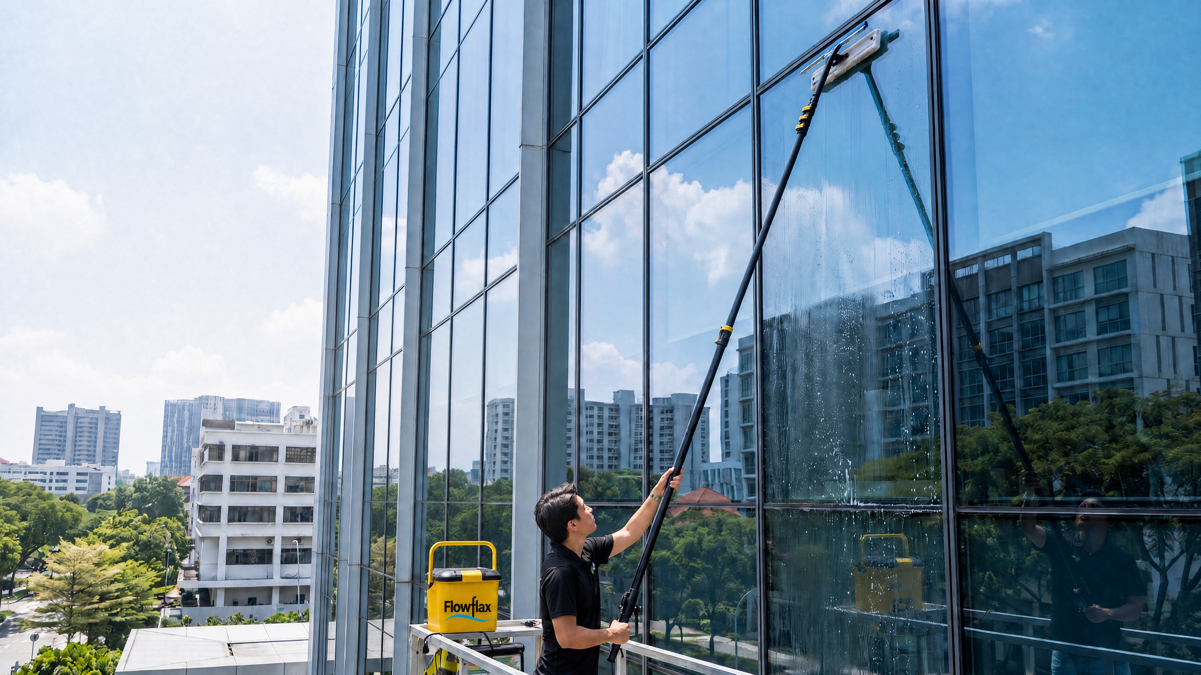 Flowflax telescopic window cleaning system reaching a high-rise glass façade